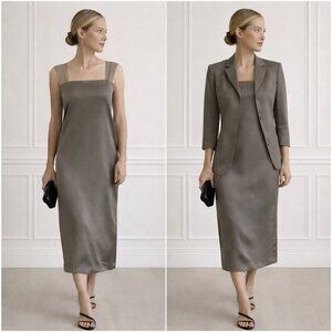 Zenobia 100% Silk Dress & Blazer Set NWT Saks Fifth Avenue Taupe Desert Pal